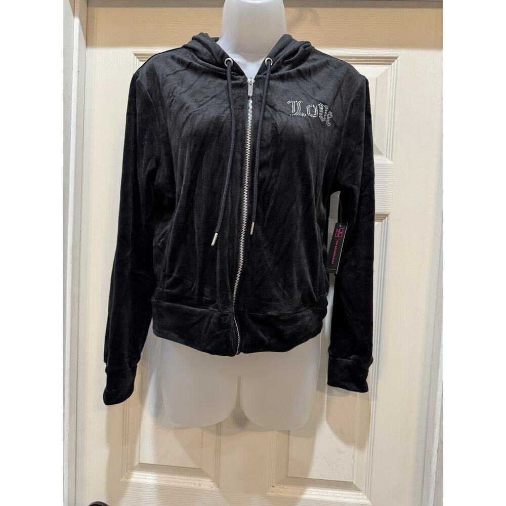 No Bo LOVE Juniors Hoodie Black Velour Zip Front Long Sleeve Large 11/13 NWT - Picture 3 of 7